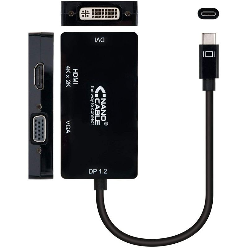 Adaptador Nanocable 10.16.4301-BK USB Tipo-C Macho - VGA Hembra DVI Hembra HDMI Hembra