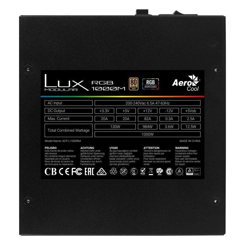 Fuente de Alimentación Aerocool LUX RGB 1000M 1000W Ventilador 12cm 80 Plus Gold
