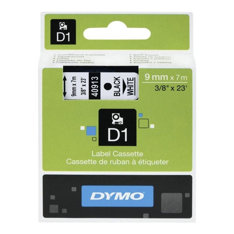 Cinta Rotuladora Adhesiva de Plástico Dymo D1 40913 para Label Manager 9mm x 7m Negra-Blanca