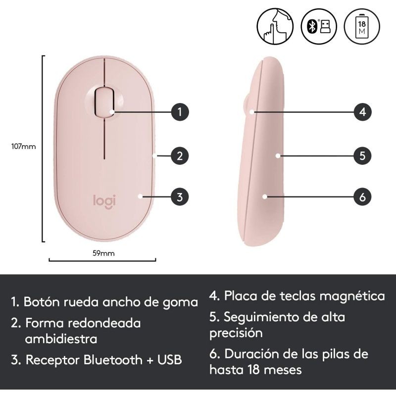 Ratón Inalámbrico por Bluetooth 2.4GHz Logitech Pebble M350 Hasta 1000 DPI Rosa