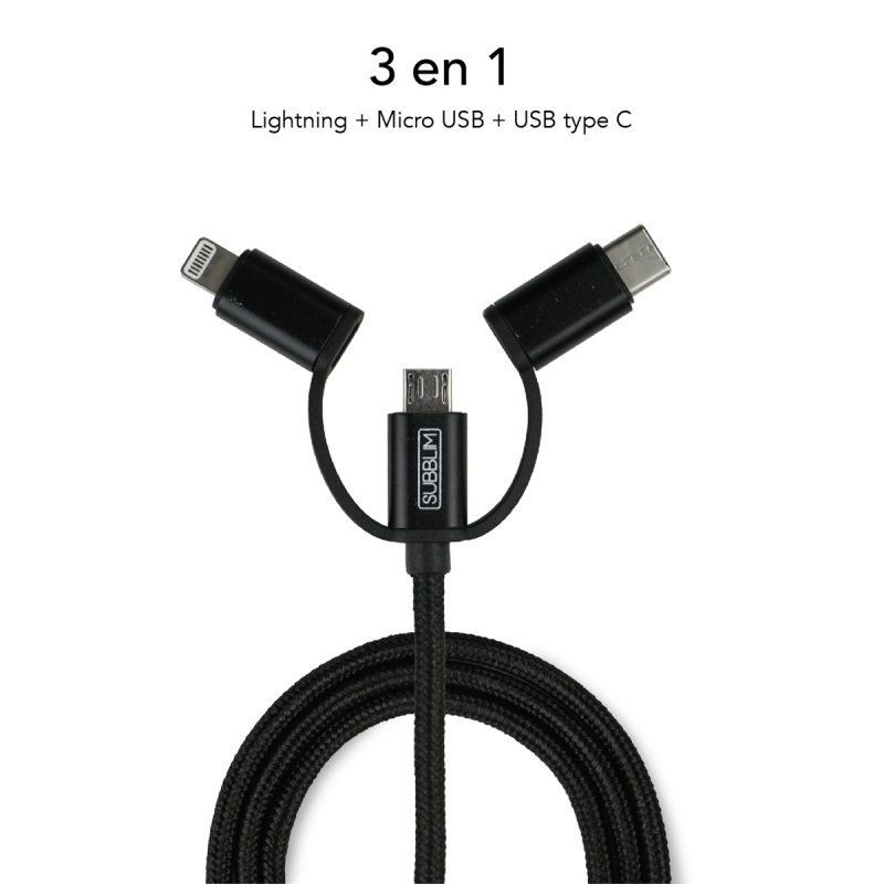 Cargador de Coche Subblim SUB-CHG-4CC002 2xUSB Cable USB 3 en 1 2.4A Negro