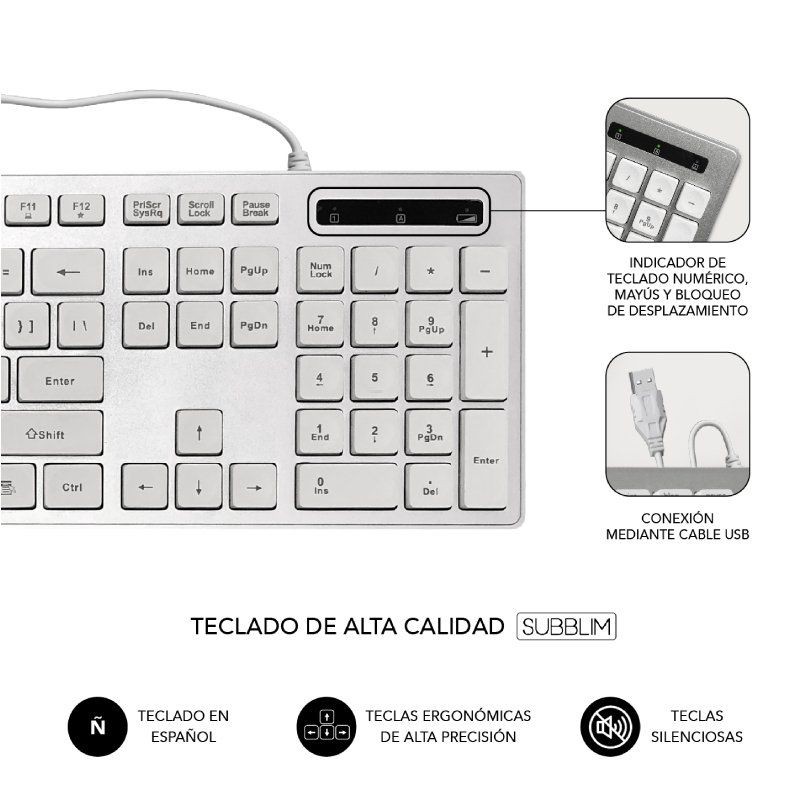 Teclado y Ratón Subblim Combo Wired Ergo Keys Silent Flat HQ Plata y Blanco