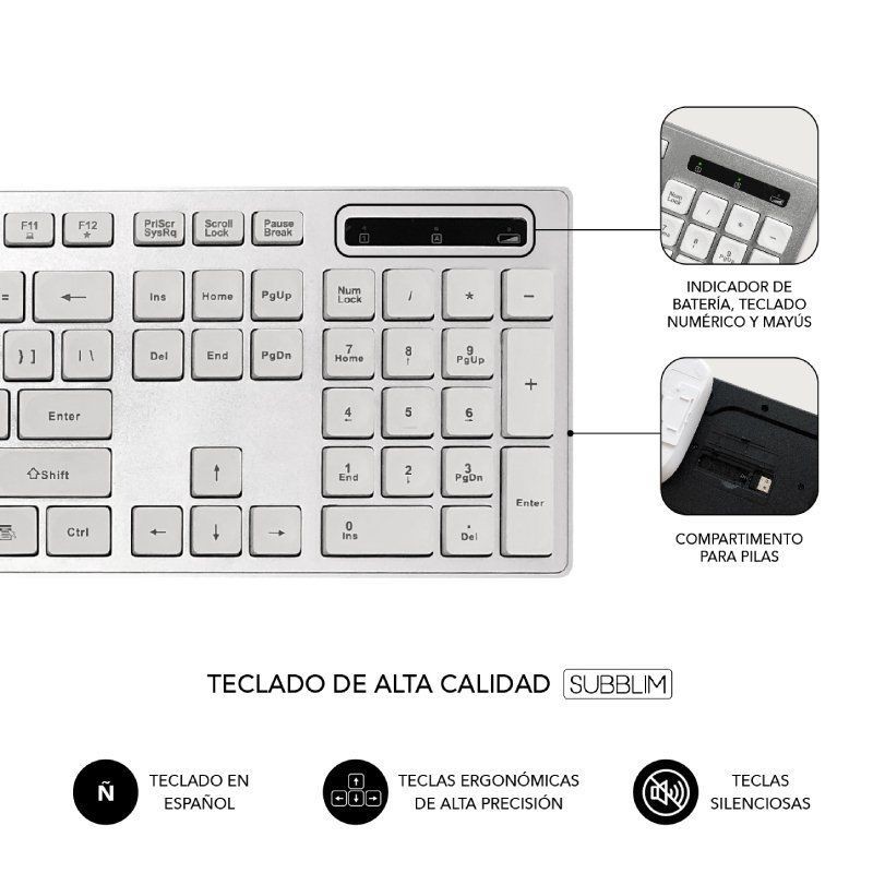 Teclado y Ratón Inalámbrico Subblim Combo Wireless Ergo Keys Silent Flat HQ Plata y Blanco