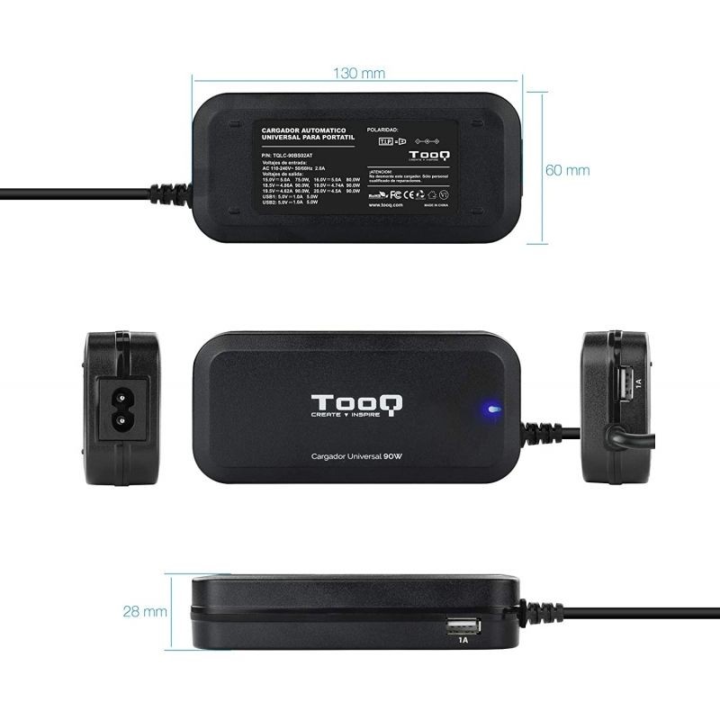 Cargador de Portátil TooQ TQLC-90BS02AT 90W Automático 12 Conectores Voltaje 12-20V
